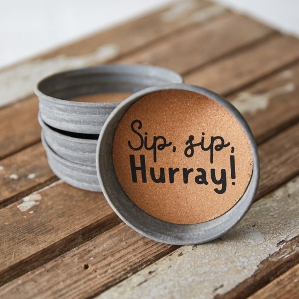 Set of Four Mason Jar Lid Coasters - Sip, Sip, Hurray Rustic Country